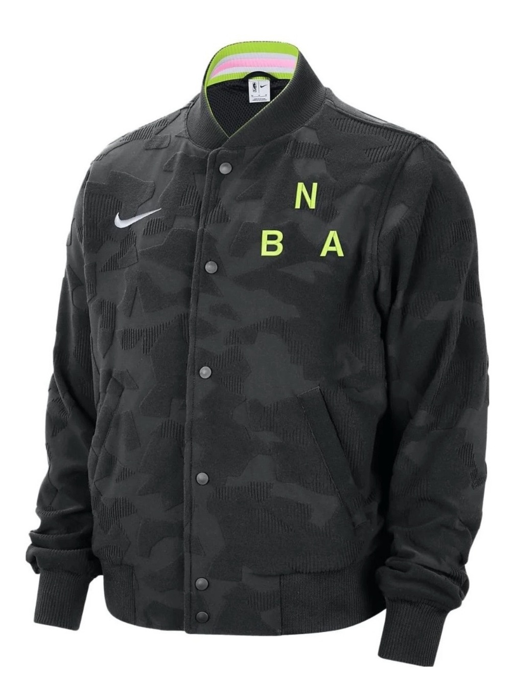 Nike NBA Men’s Black Camo Bomber Jacket with Neon Yellow Accents Size Large